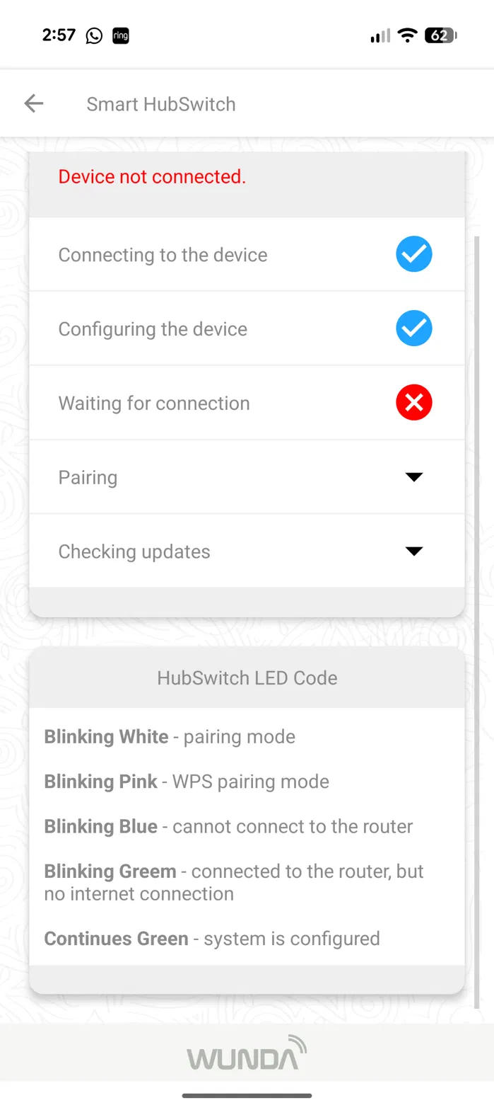 Wunda app showing failed setup at &ldquo;Waiting for connection&rdquo; step